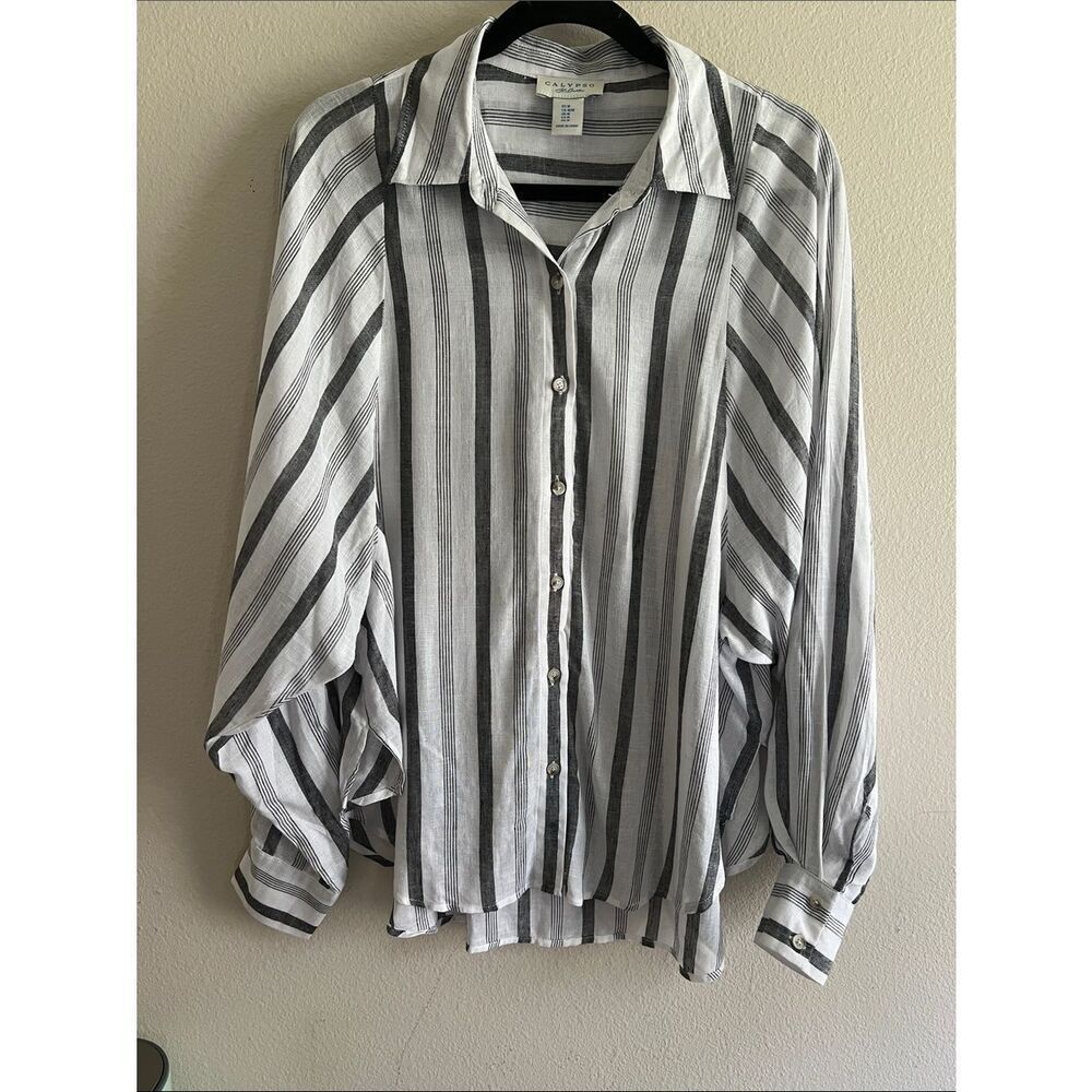 Calypso St Barth Linen Blend Striped Button Front Shirt White Gray Medium Boho M